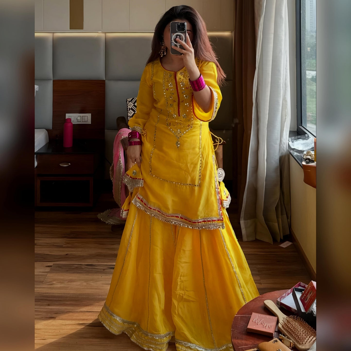 Women's Ethnic Georgette Sharara Set with Traditional Mirror Work