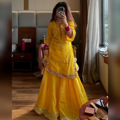 Women's Ethnic Georgette Sharara Set with Traditional Mirror Work