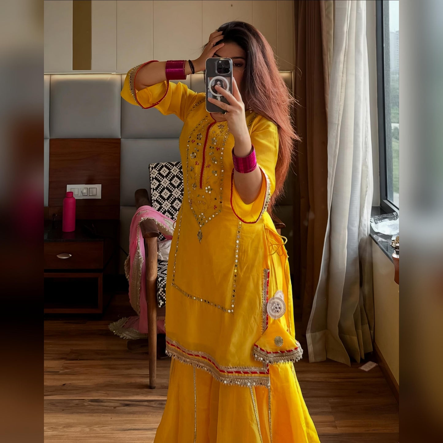 Women's Ethnic Georgette Sharara Set with Traditional Mirror Work