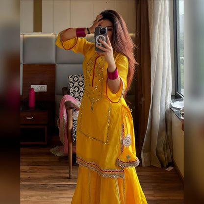 Women's Ethnic Georgette Sharara Set with Traditional Mirror Work