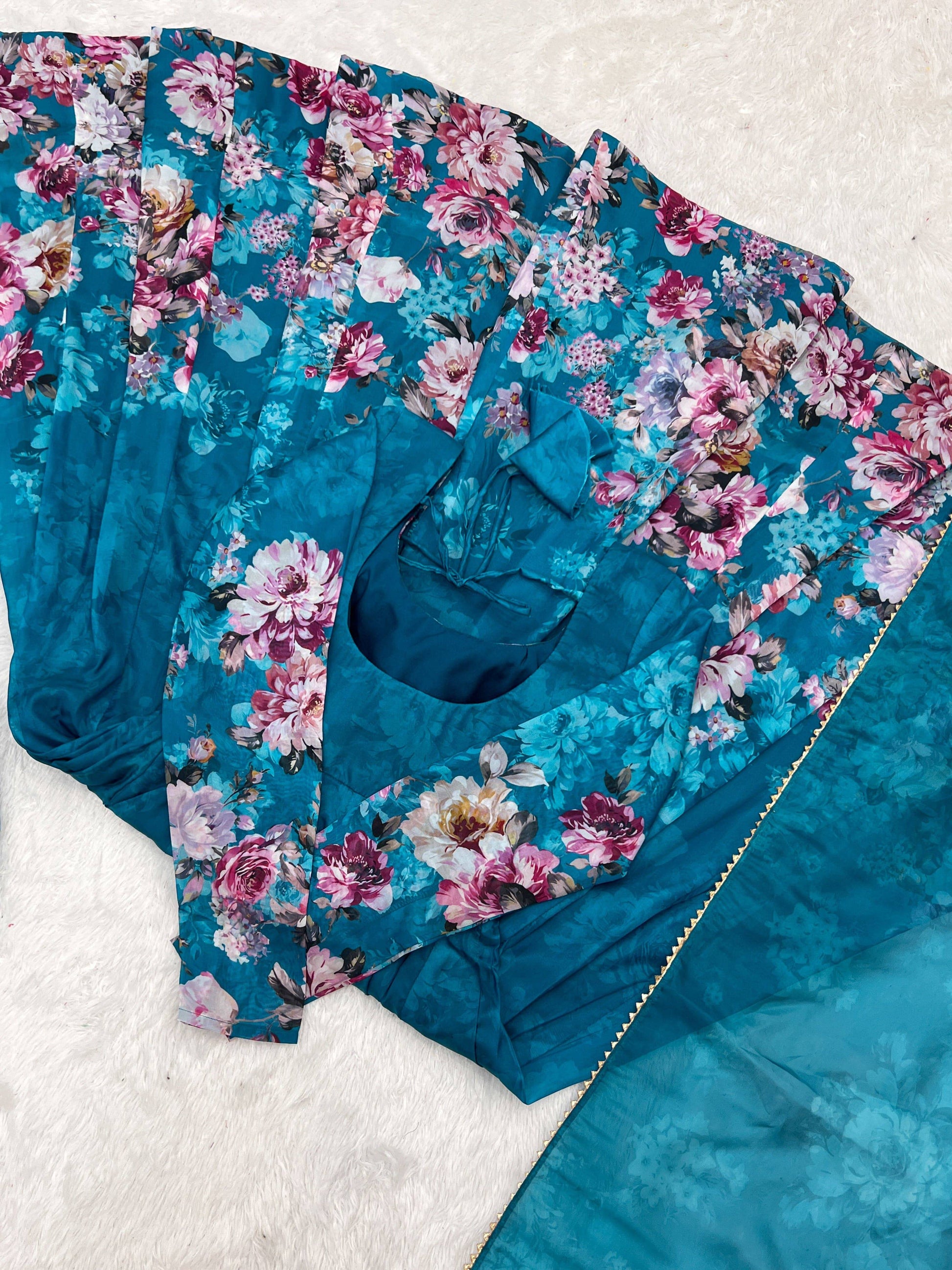 Lovely Organza Silk Floral Digital Printed Anarkali Pant Suit - INDIAN ELEGANCE