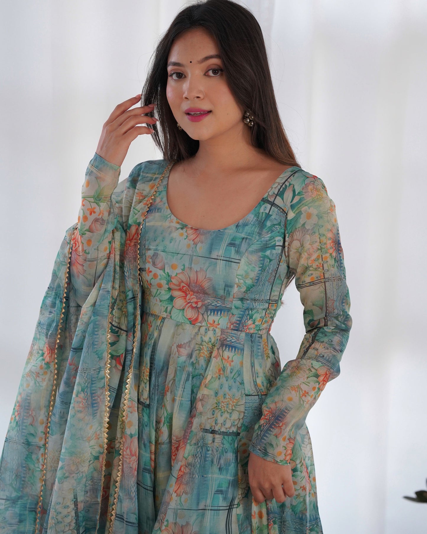 Graceful Organza Silk Intricate Printed Fully Stitched Anarkali Pant Suit - INDIAN ELEGANCE