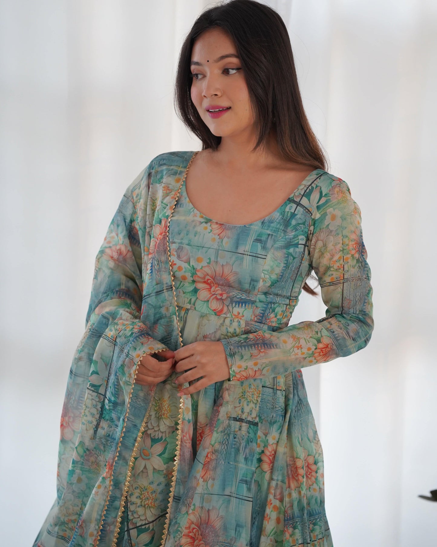 Graceful Organza Silk Intricate Printed Fully Stitched Anarkali Pant Suit - INDIAN ELEGANCE