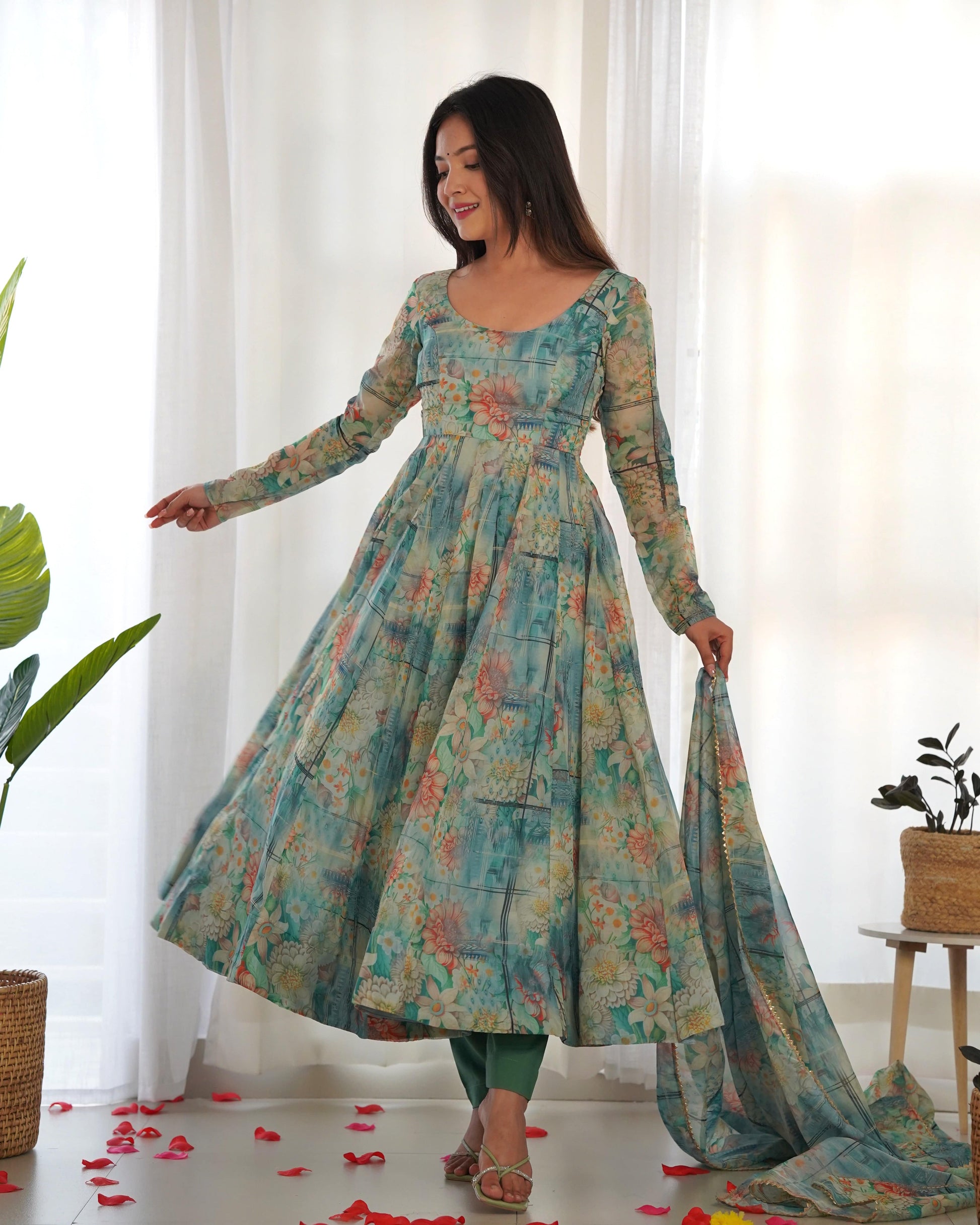 Graceful Organza Silk Intricate Printed Fully Stitched Anarkali Pant Suit - INDIAN ELEGANCE