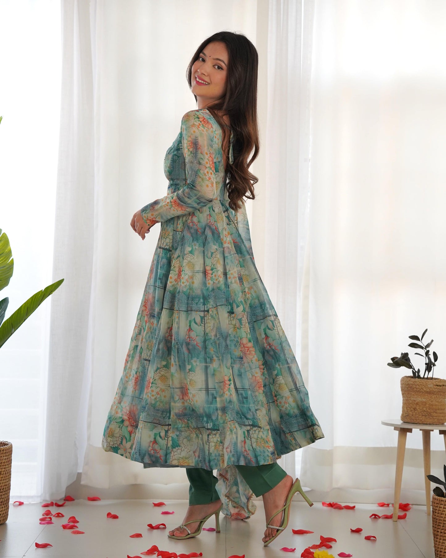 Graceful Organza Silk Intricate Printed Fully Stitched Anarkali Pant Suit - INDIAN ELEGANCE