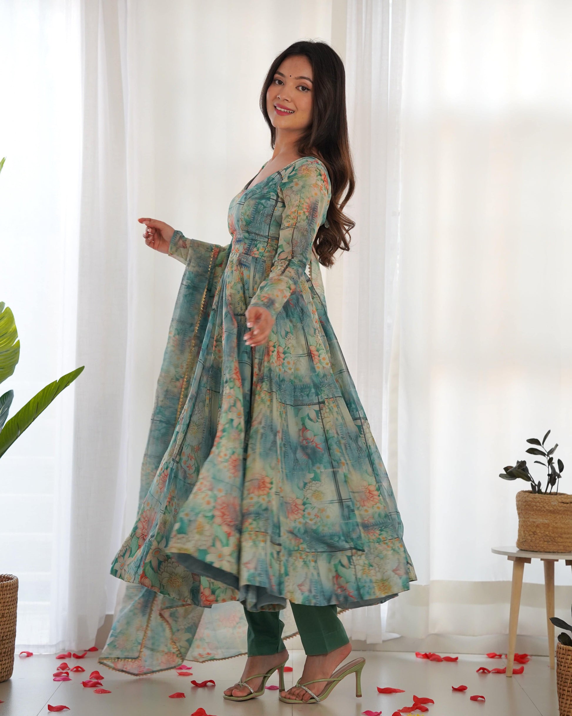 Graceful Organza Silk Intricate Printed Fully Stitched Anarkali Pant Suit - INDIAN ELEGANCE