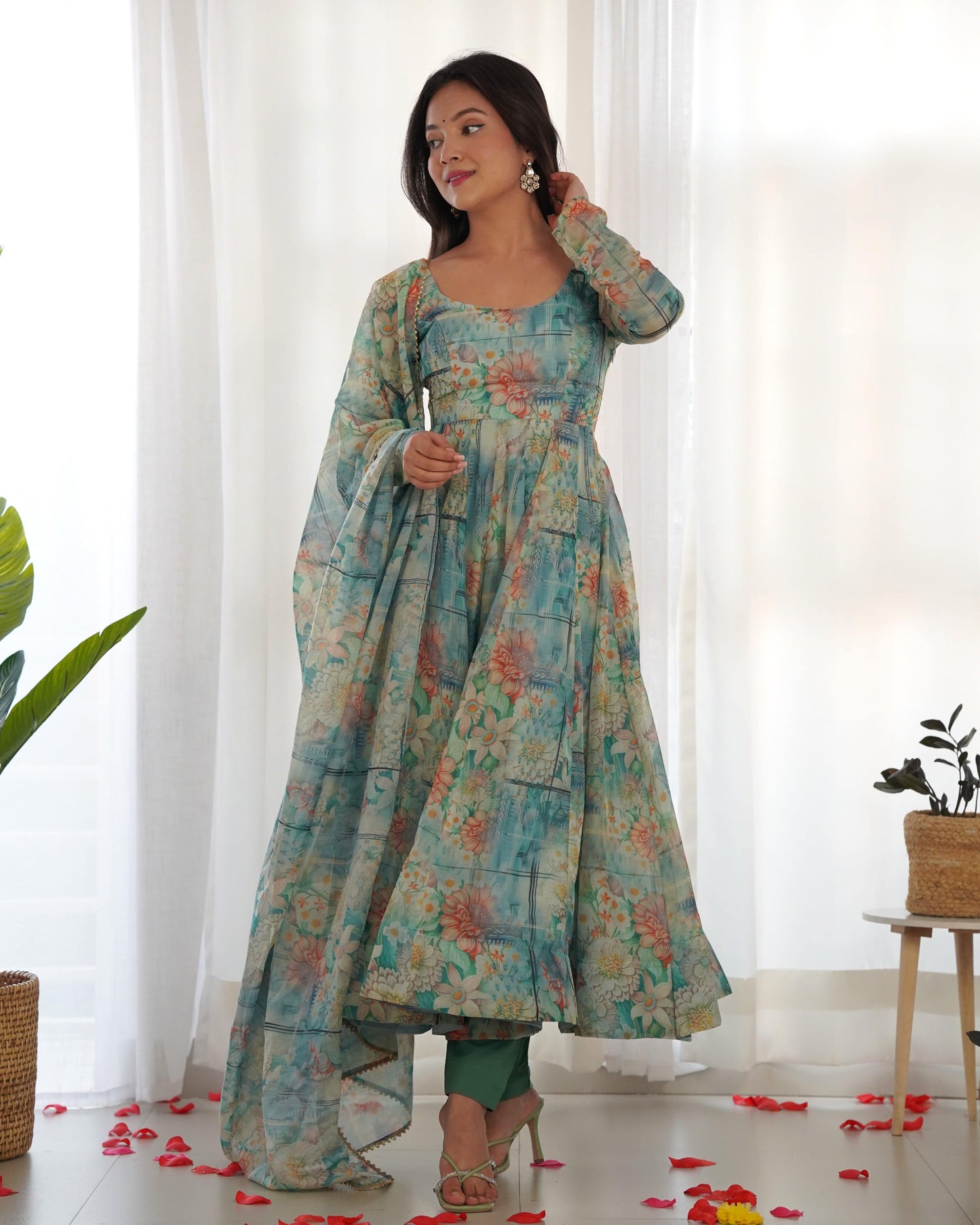 Graceful Organza Silk Intricate Printed Fully Stitched Anarkali Pant Suit - INDIAN ELEGANCE