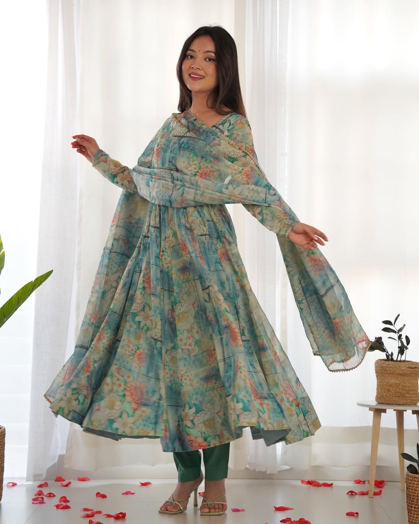 Graceful Organza Silk Intricate Printed Fully Stitched Anarkali Pant Suit - INDIAN ELEGANCE