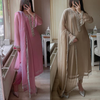 Luxury Faux Georgette Straight Kurta Pant Suit for Women