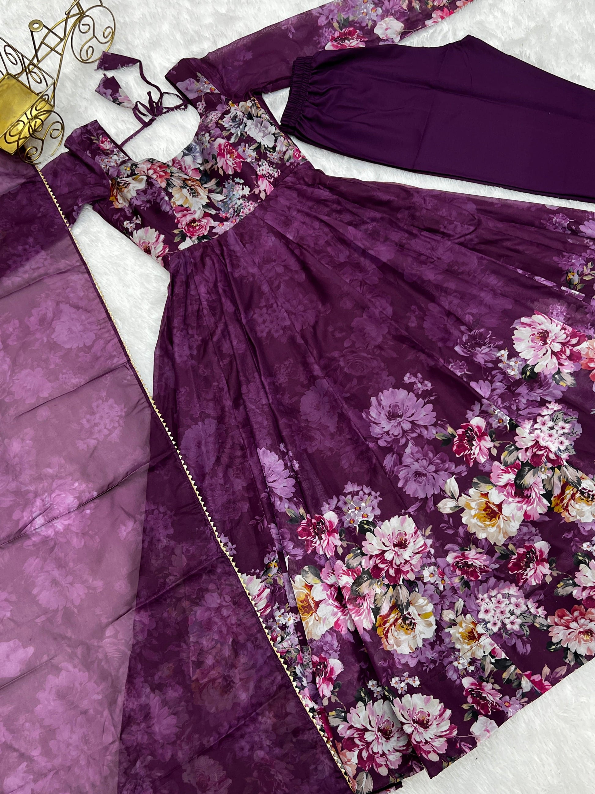 Lovely Organza Silk Floral Digital Printed Anarkali Pant Suit - INDIAN ELEGANCE