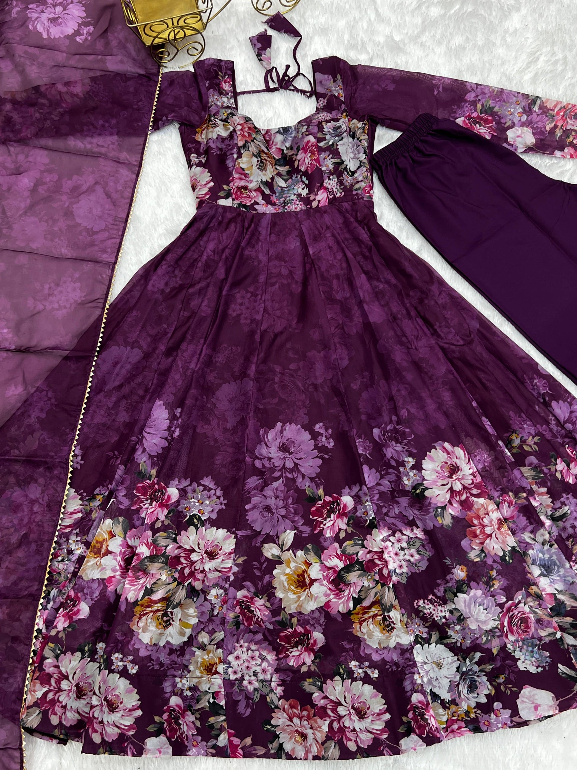 Lovely Organza Silk Floral Digital Printed Anarkali Pant Suit - INDIAN ELEGANCE