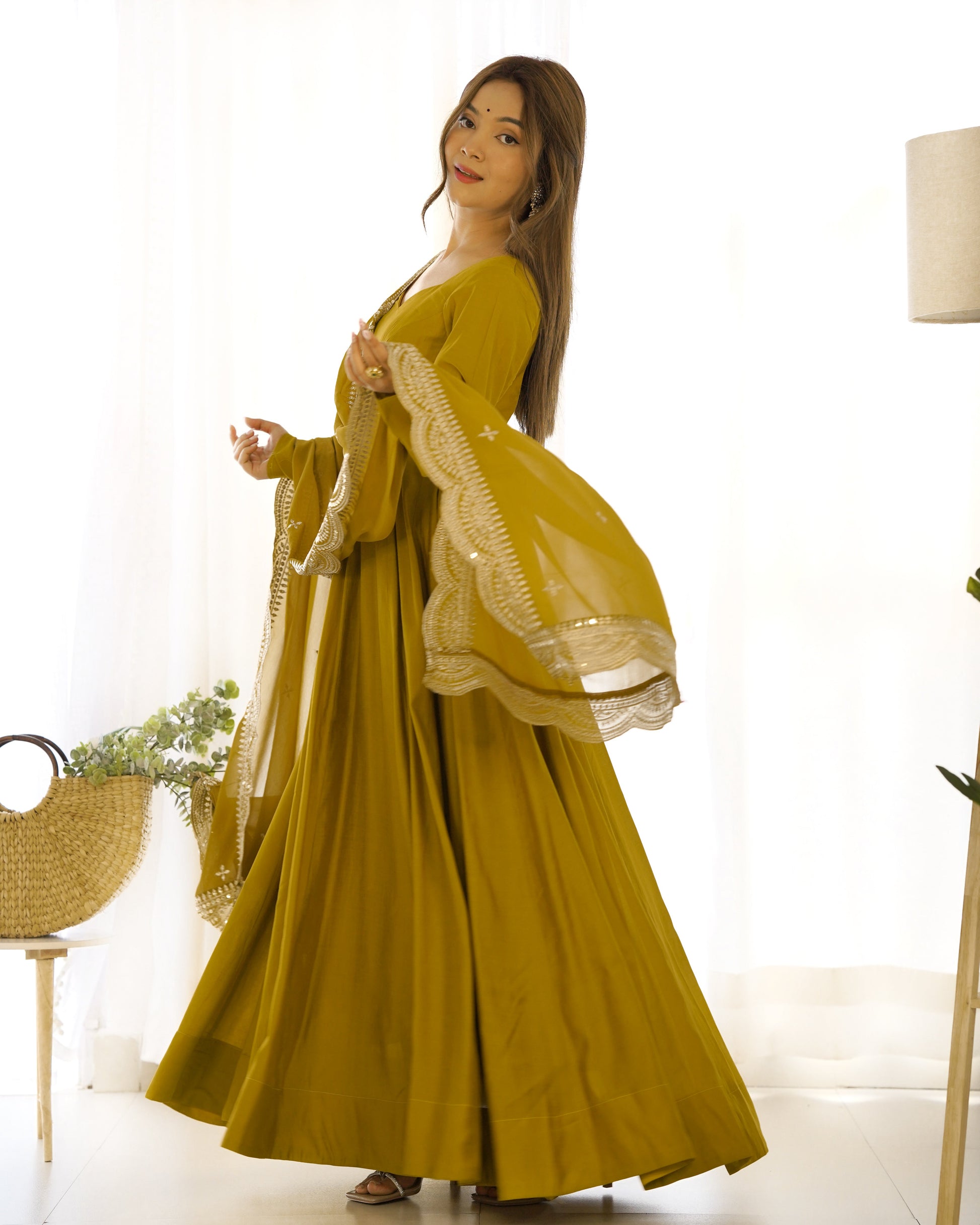 Exquisite Pure Romansilk Chanderi Designer Anarkali Pant Suit - INDIAN ELEGANCE