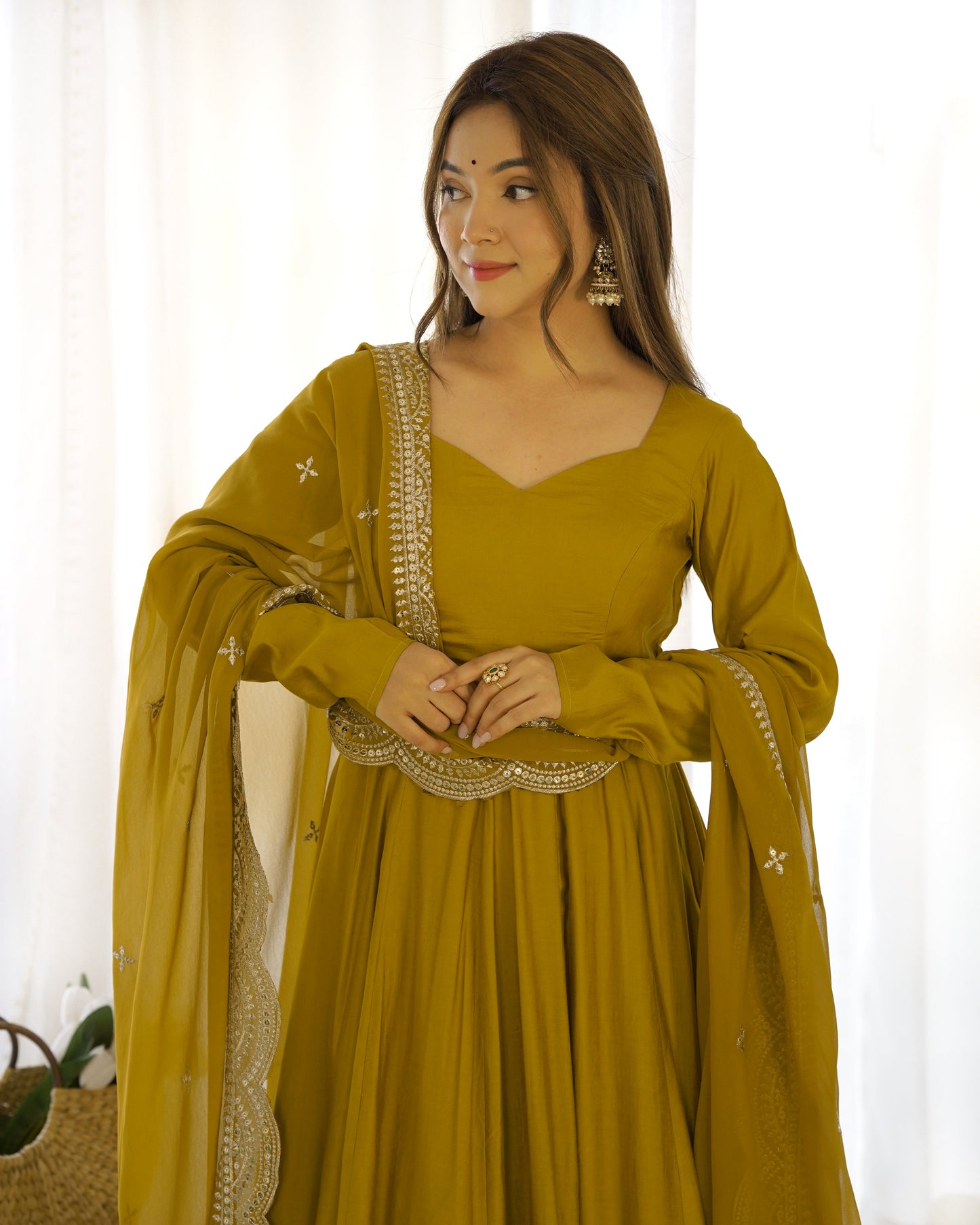 Exquisite Pure Romansilk Chanderi Designer Anarkali Pant Suit - INDIAN ELEGANCE