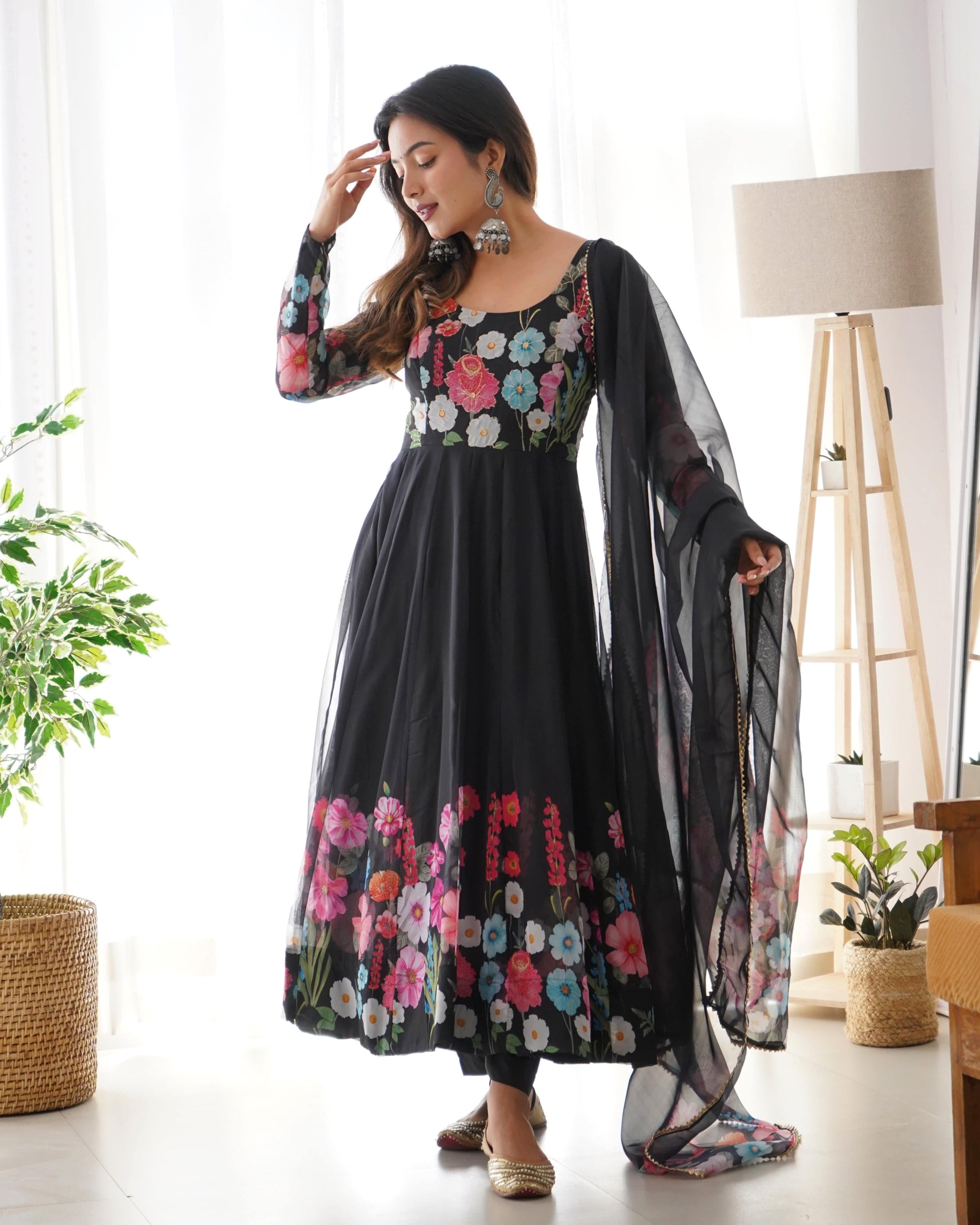 Breathtaking Organza Silk Floral Printed Designer Anarkali Pant Suit - INDIAN ELEGANCE