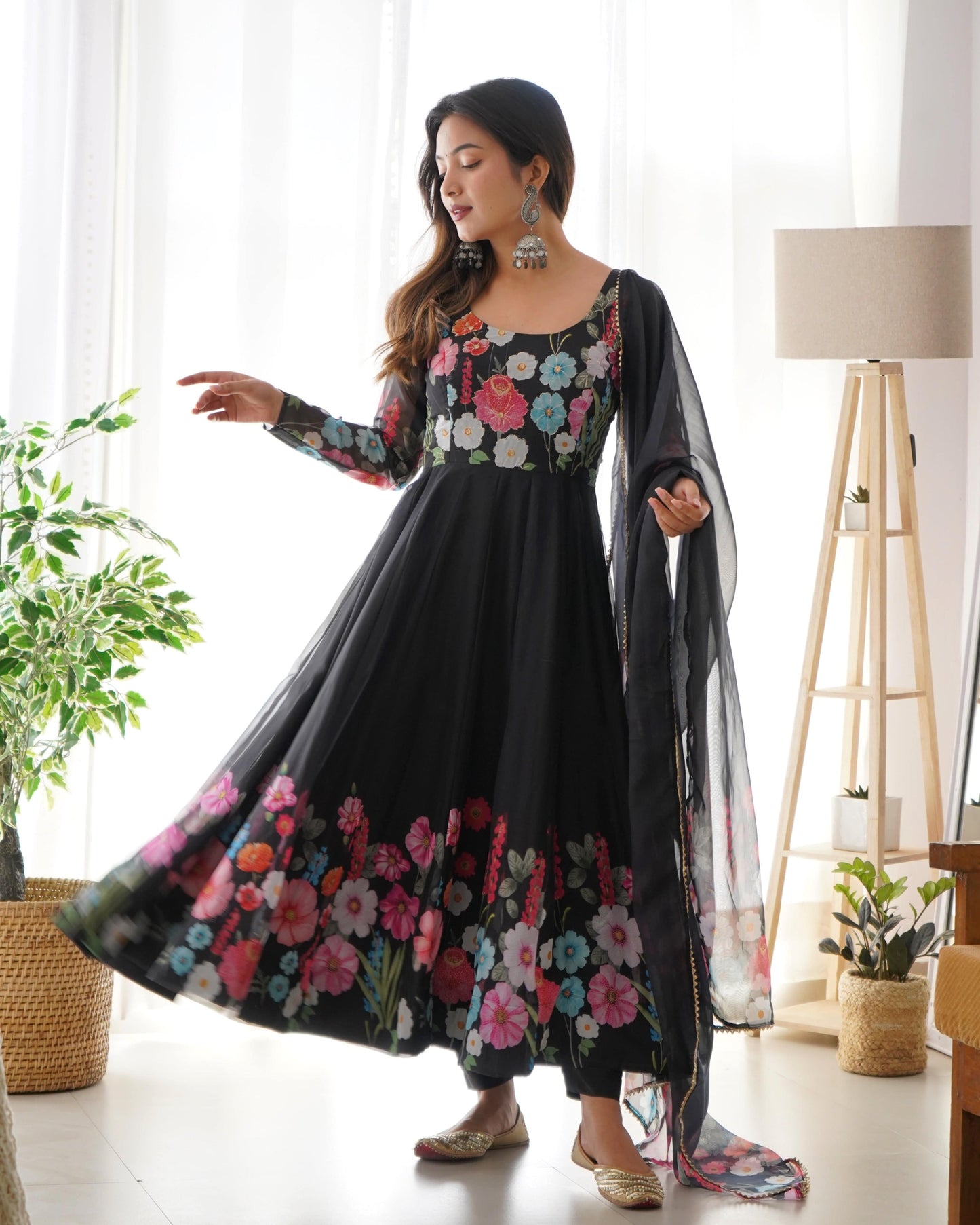 Breathtaking Organza Silk Floral Printed Designer Anarkali Pant Suit - INDIAN ELEGANCE