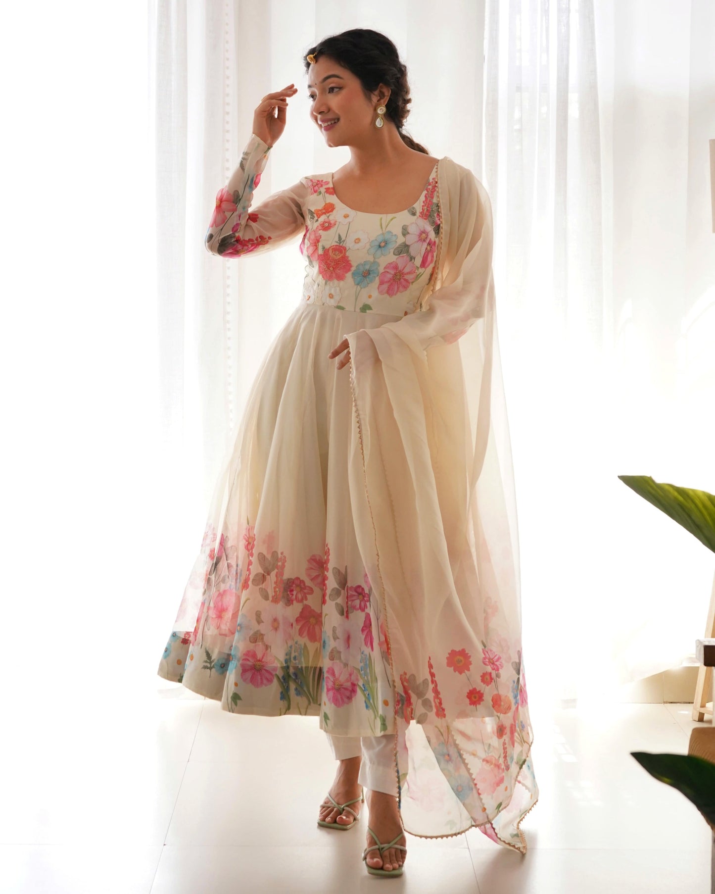 Breathtaking Organza Silk Floral Printed Designer Anarkali Pant Suit - INDIAN ELEGANCE