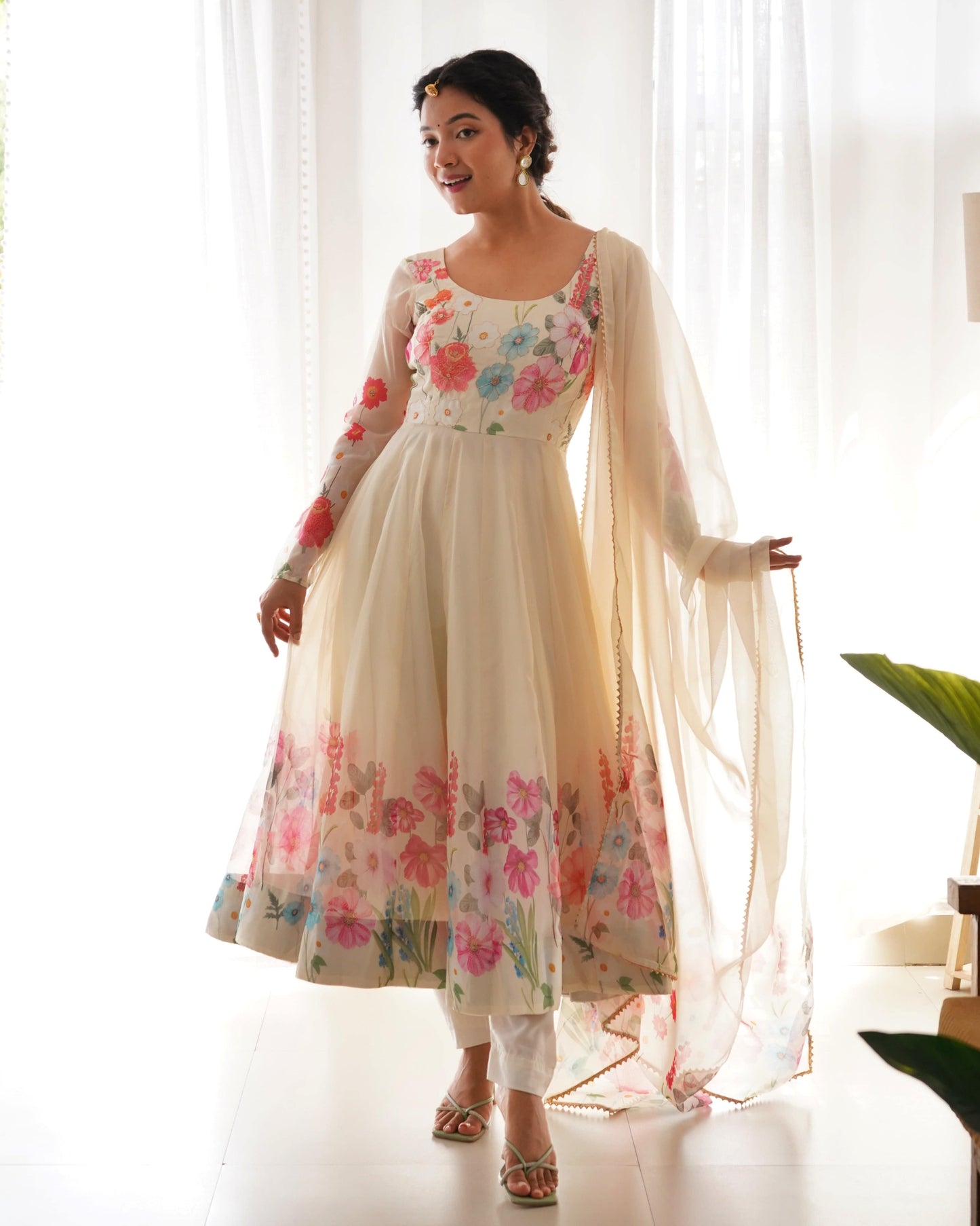 Breathtaking Organza Silk Floral Printed Designer Anarkali Pant Suit - INDIAN ELEGANCE