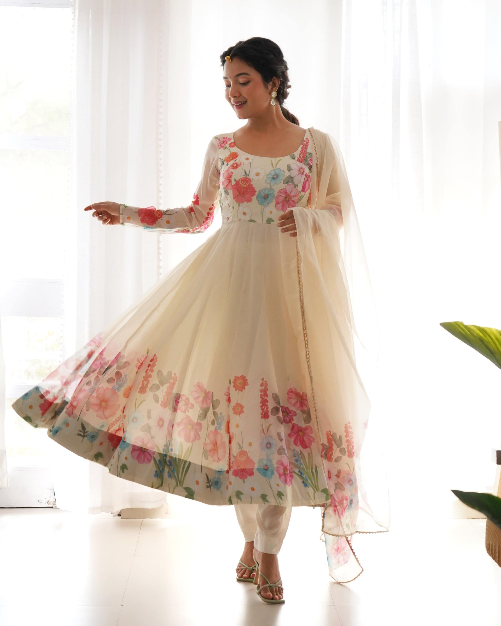 Breathtaking Organza Silk Floral Printed Designer Anarkali Pant Suit - INDIAN ELEGANCE