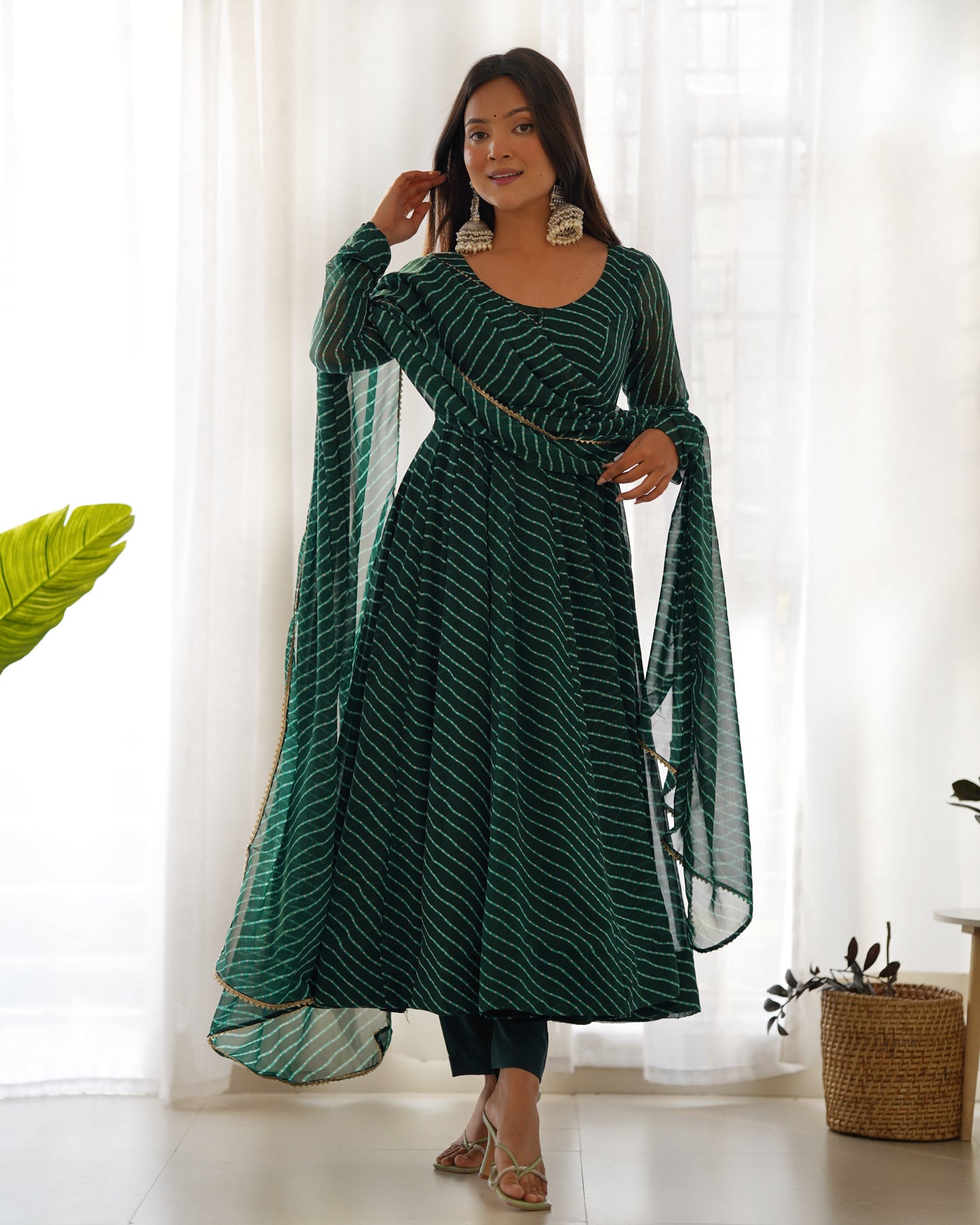 Green Color Laheriya Print Georgette  Anarkali Suit