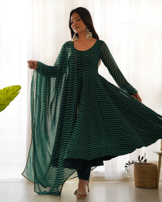 Green Color Laheriya Print Georgette  Anarkali Suit