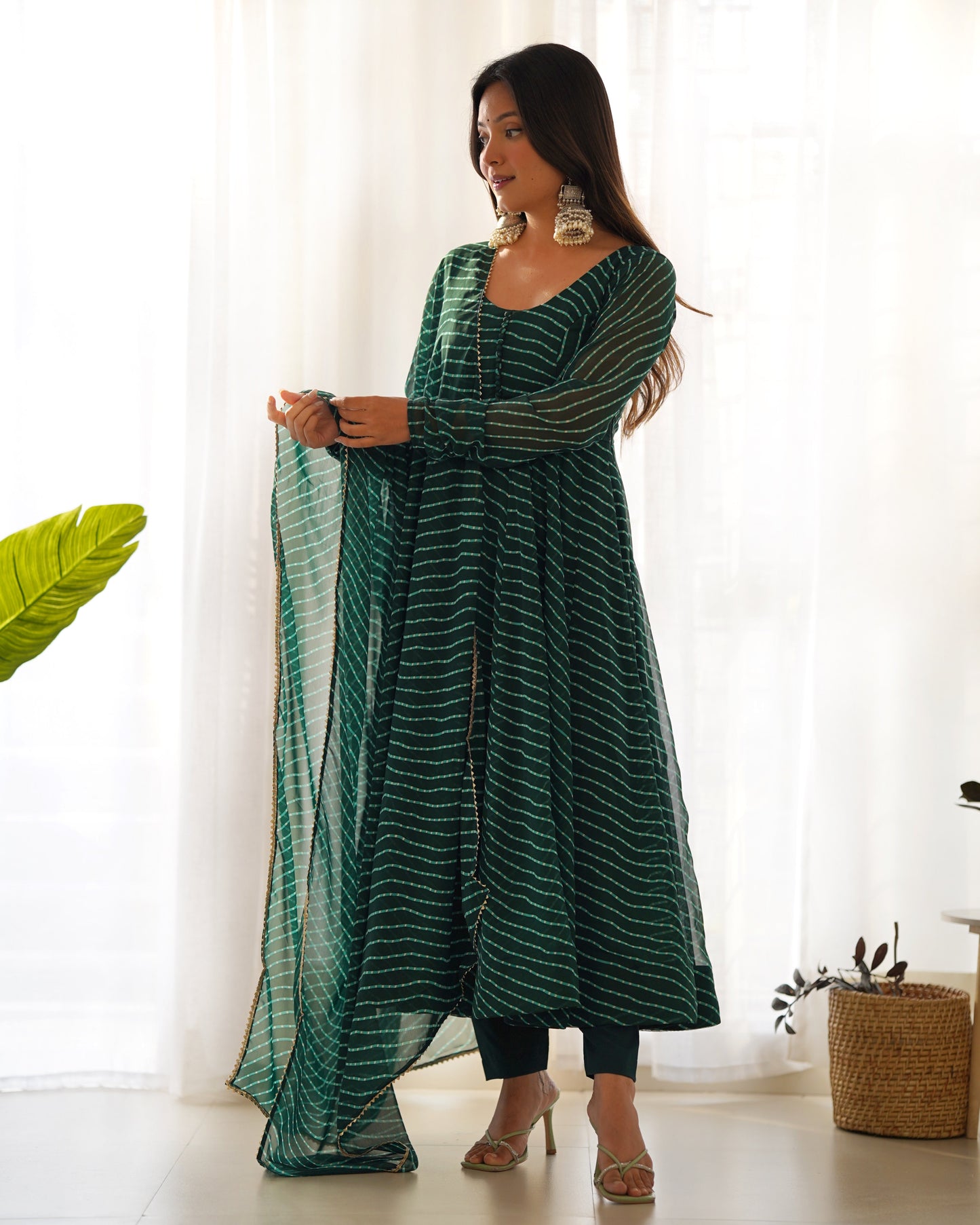 Green Color Laheriya Print Georgette  Anarkali Suit
