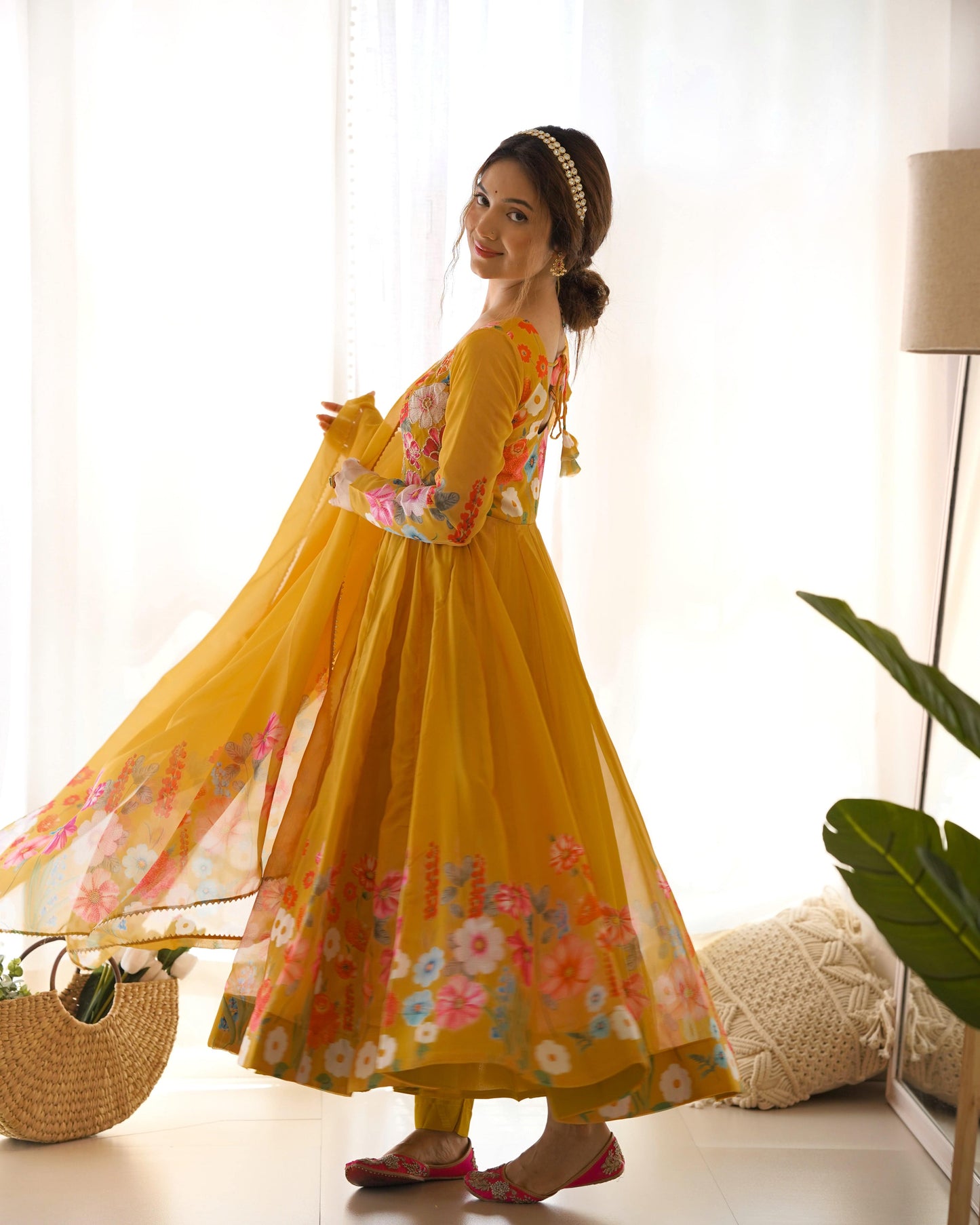 Breathtaking Organza Silk Floral Printed Designer Anarkali Pant Suit - INDIAN ELEGANCE