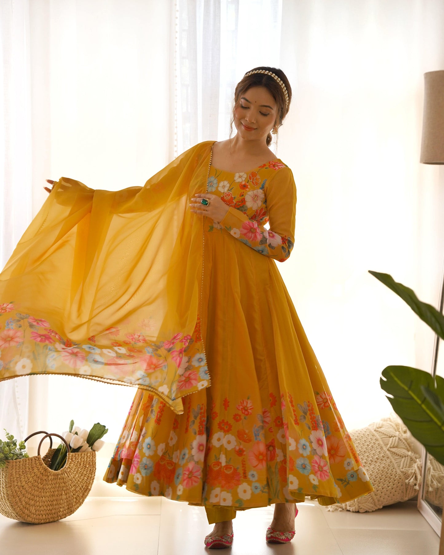 Breathtaking Organza Silk Floral Printed Designer Anarkali Pant Suit - INDIAN ELEGANCE