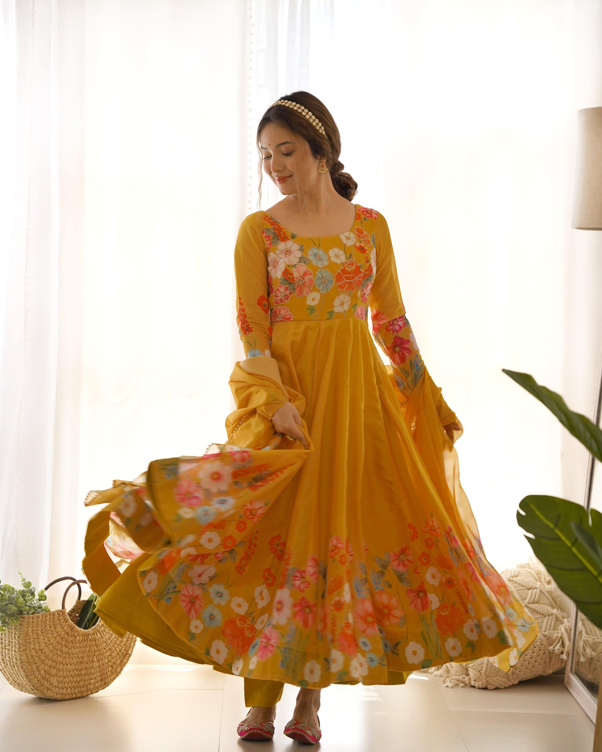 Breathtaking Organza Silk Floral Printed Designer Anarkali Pant Suit - INDIAN ELEGANCE