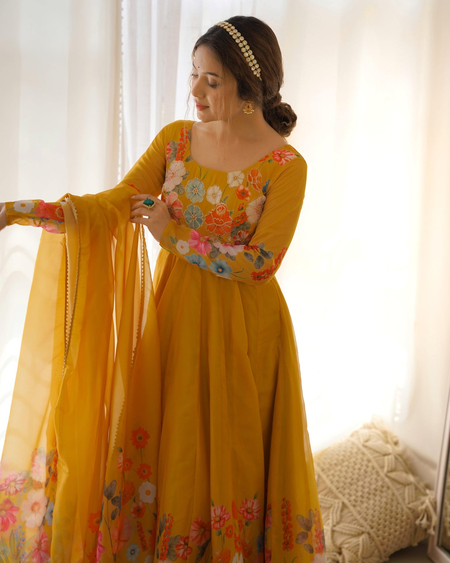 Breathtaking Organza Silk Floral Printed Designer Anarkali Pant Suit - INDIAN ELEGANCE
