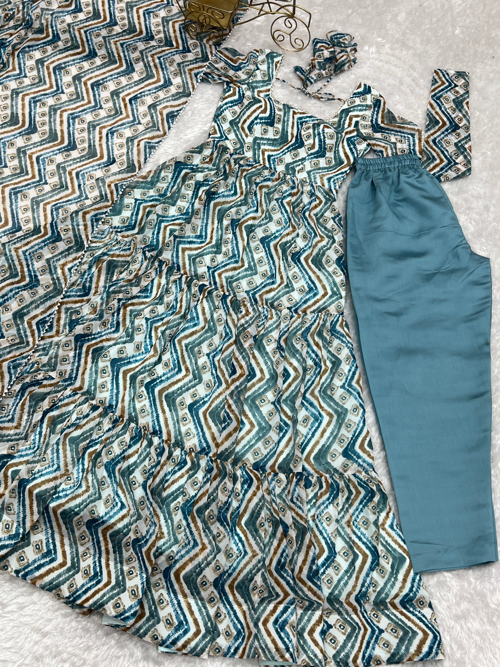 Resplendent Faux Georgette Zigzag Printed Anarkali Pant Suit - INDIAN ELEGANCE