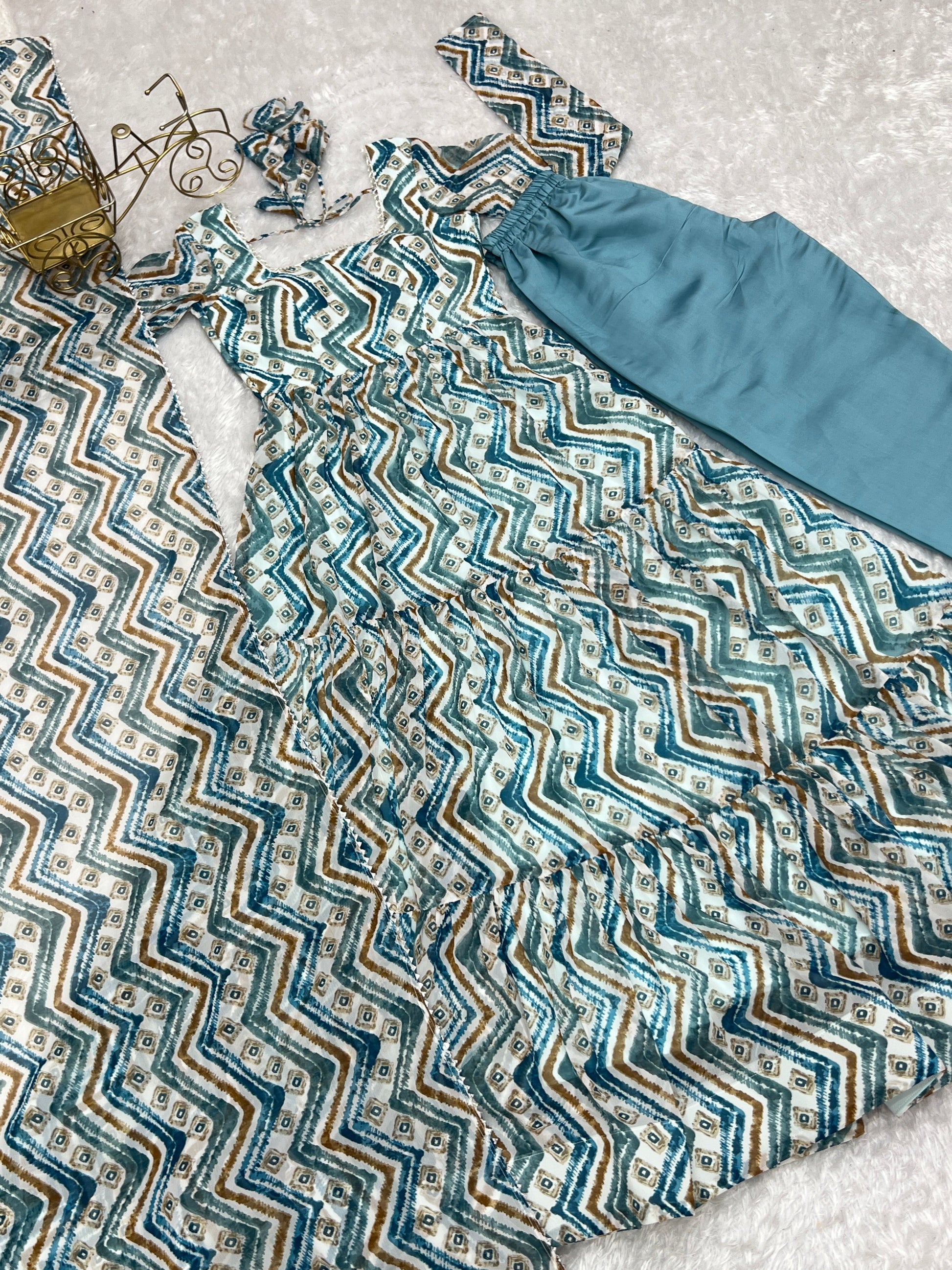 Resplendent Faux Georgette Zigzag Printed Anarkali Pant Suit - INDIAN ELEGANCE