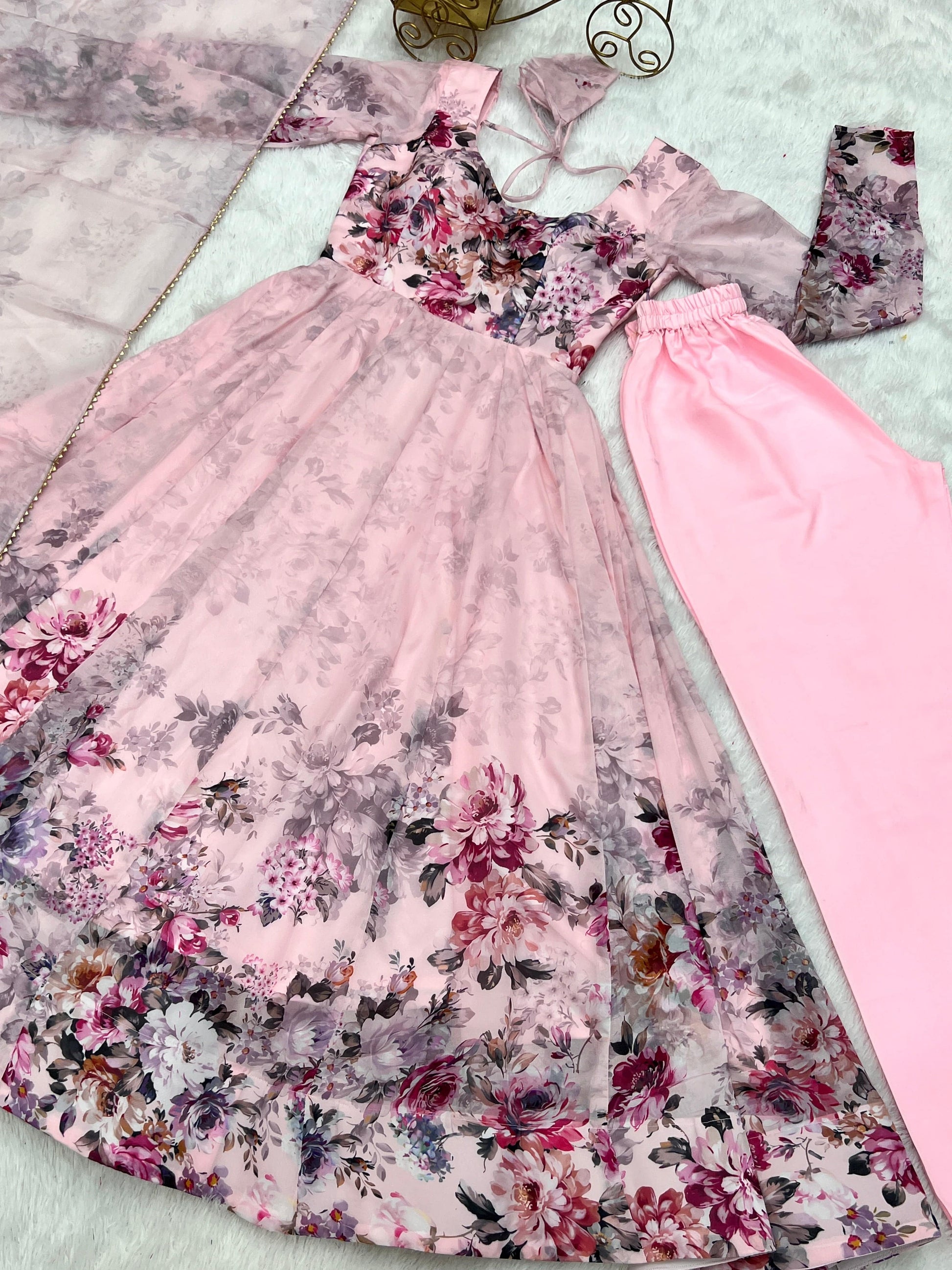 Lovely Organza Silk Floral Digital Printed Anarkali Pant Suit - INDIAN ELEGANCE