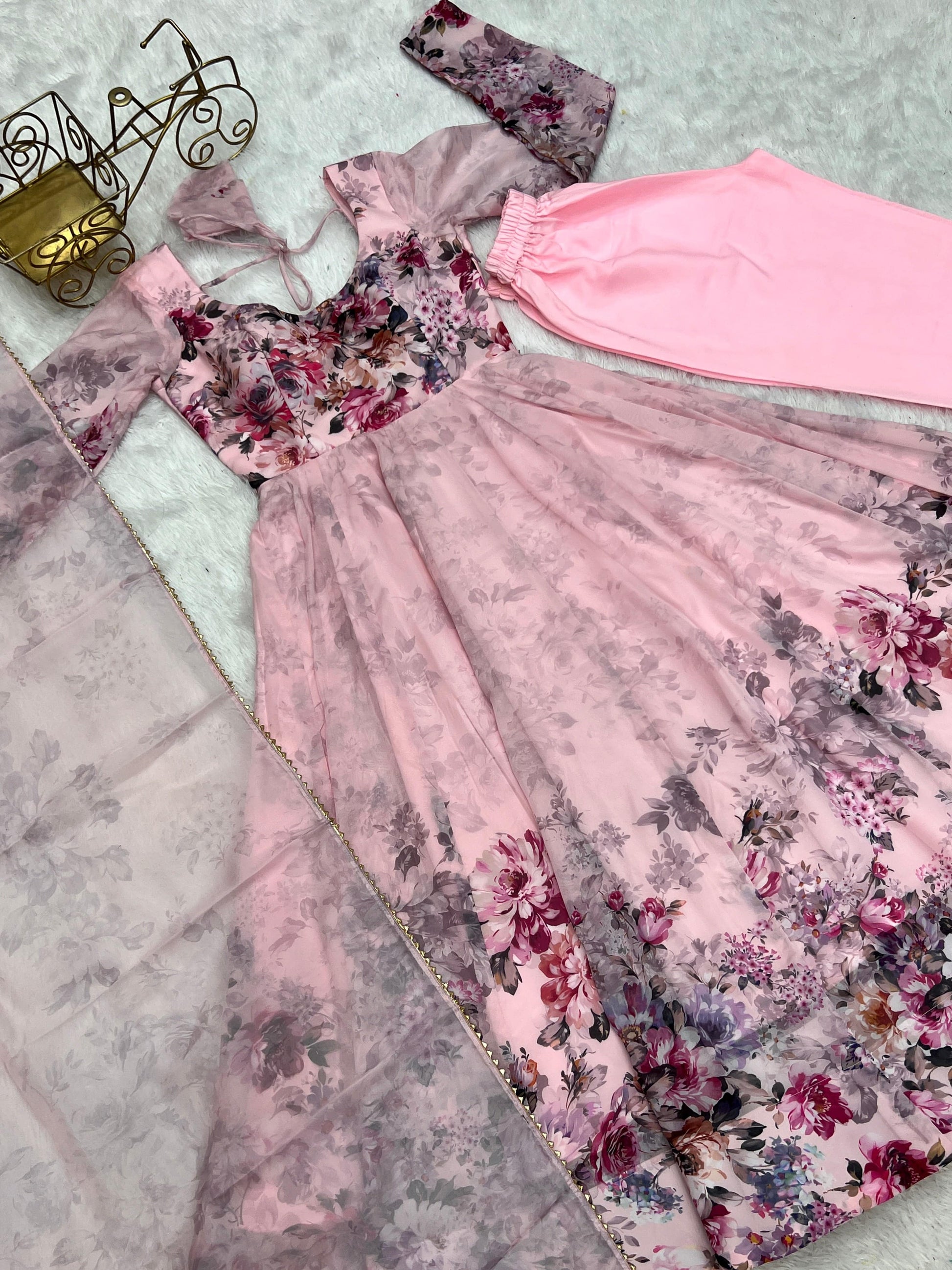 Lovely Organza Silk Floral Digital Printed Anarkali Pant Suit - INDIAN ELEGANCE