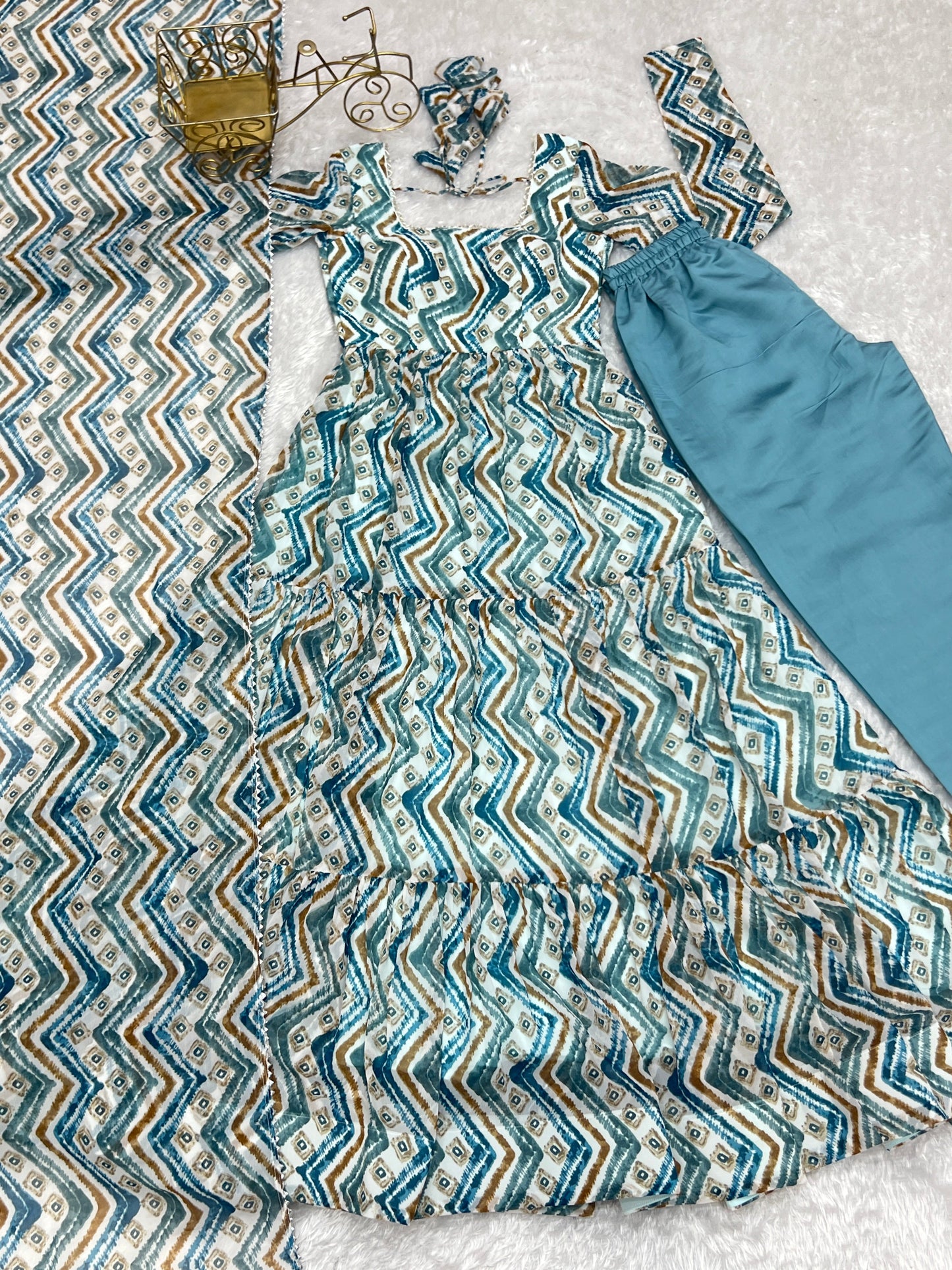 Resplendent Faux Georgette Zigzag Printed Anarkali Pant Suit - INDIAN ELEGANCE