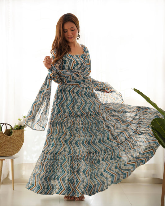 Resplendent Faux Georgette Zigzag Printed Anarkali Pant Suit - INDIAN ELEGANCE