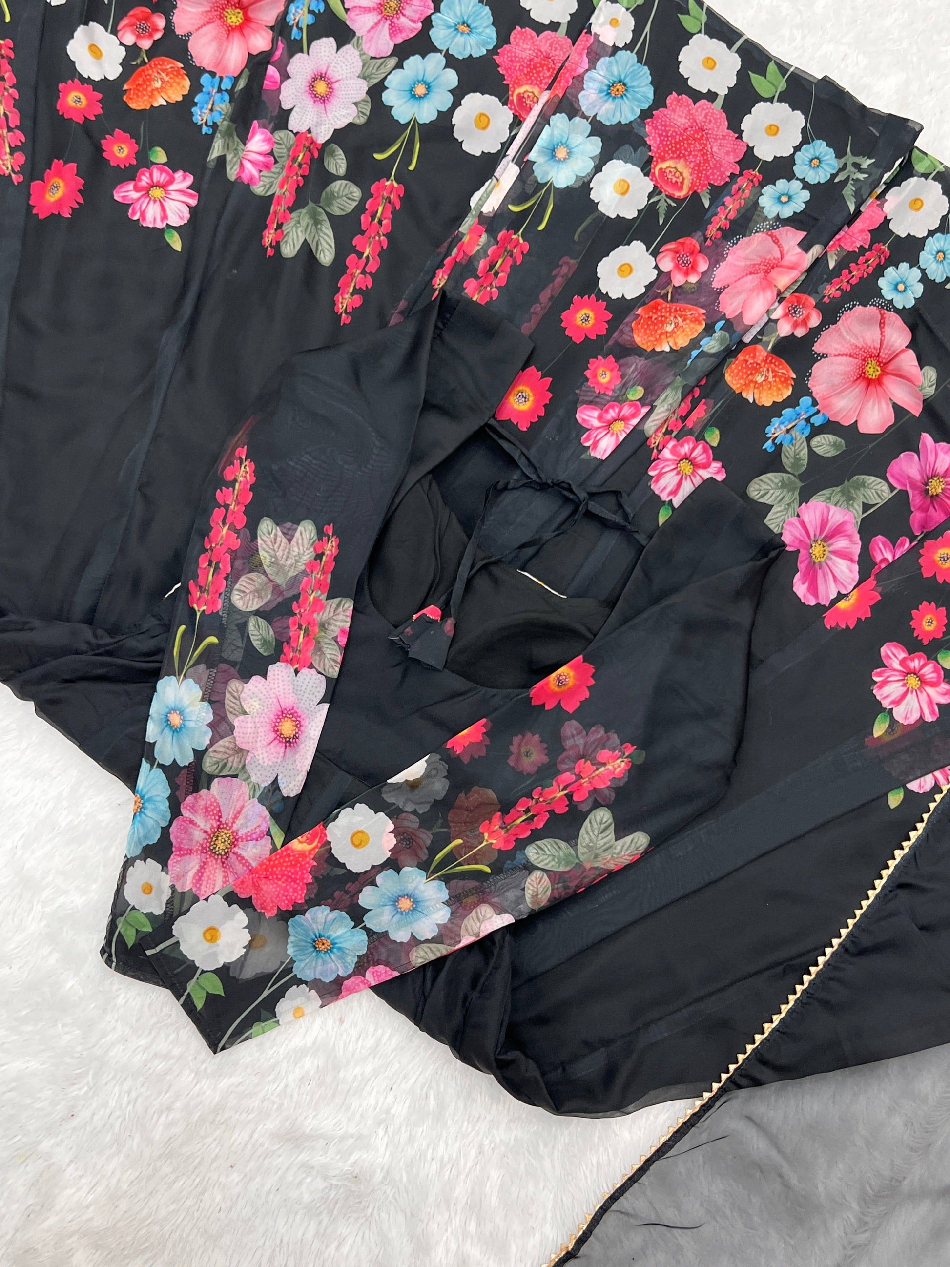 Breathtaking Organza Silk Floral Printed Designer Anarkali Pant Suit - INDIAN ELEGANCE