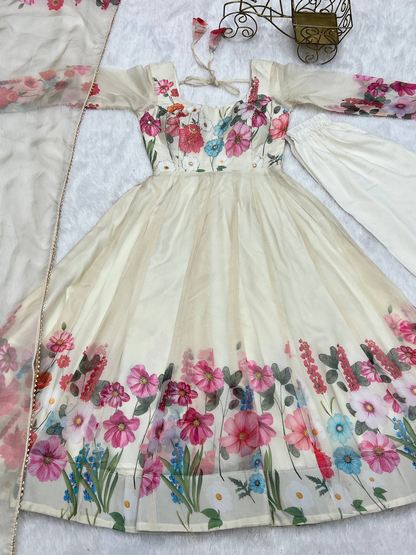 Breathtaking Organza Silk Floral Printed Designer Anarkali Pant Suit - INDIAN ELEGANCE