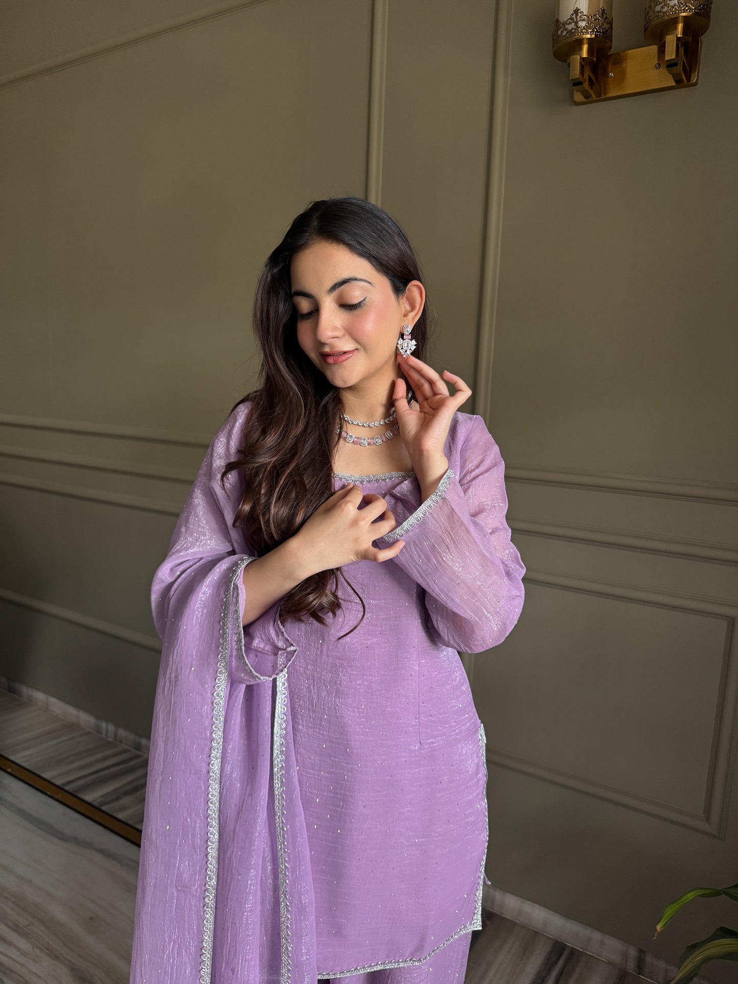 Elegance Lavender Crunchy Silk With Swaroski Work Kurta Pant Suits -Fully Stiched