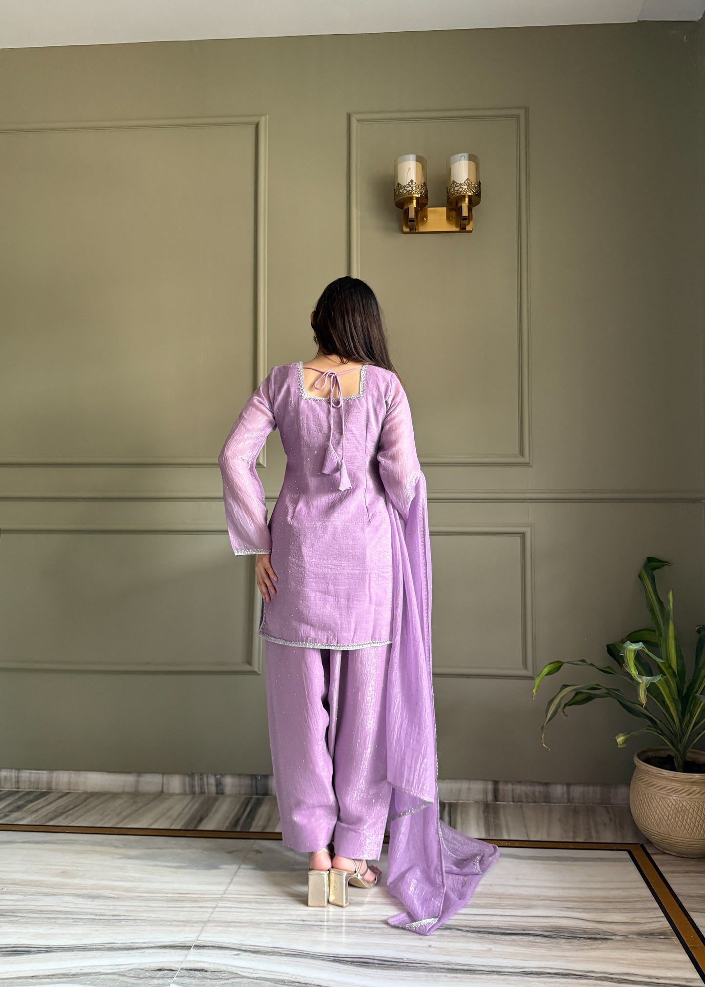 Elegance Lavender Crunchy Silk With Swaroski Work Kurta Pant Suits -Fully Stiched