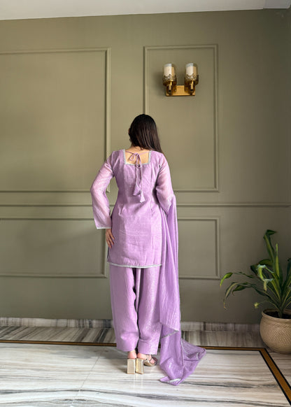 Elegance Lavender Crunchy Silk With Swaroski Work Kurta Pant Suits -Fully Stiched