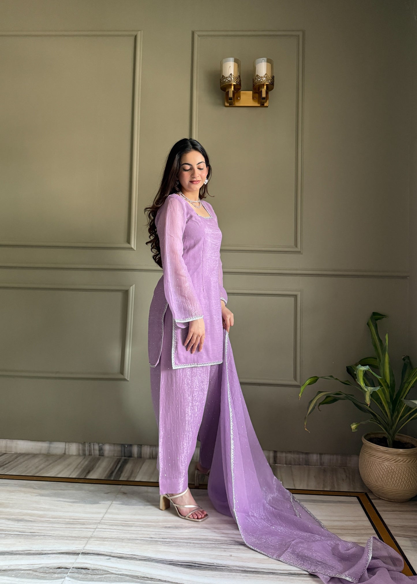 Elegance Lavender Crunchy Silk With Swaroski Work Kurta Pant Suits -Fully Stiched