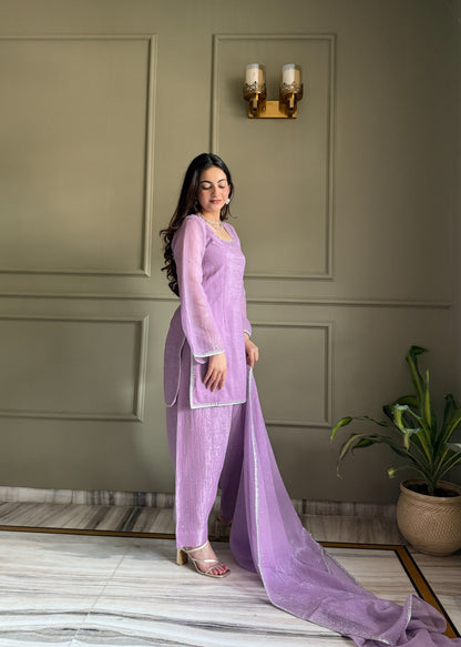Elegance Lavender Crunchy Silk With Swaroski Work Kurta Pant Suits -Fully Stiched