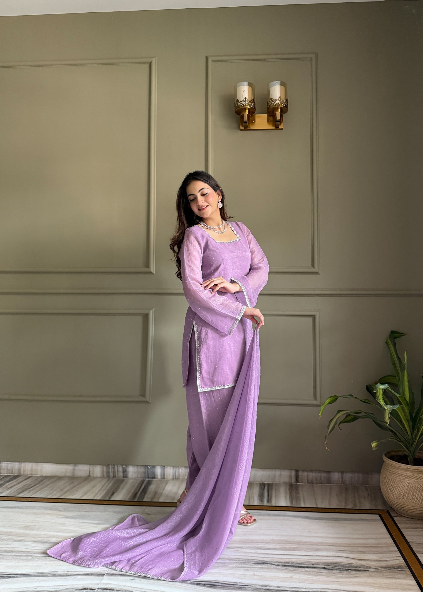 Elegance Lavender Crunchy Silk With Swaroski Work Kurta Pant Suits -Fully Stiched