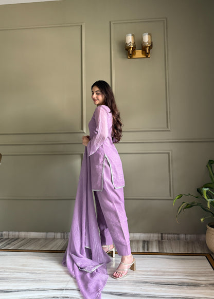 Elegance Lavender Crunchy Silk With Swaroski Work Kurta Pant Suits -Fully Stiched