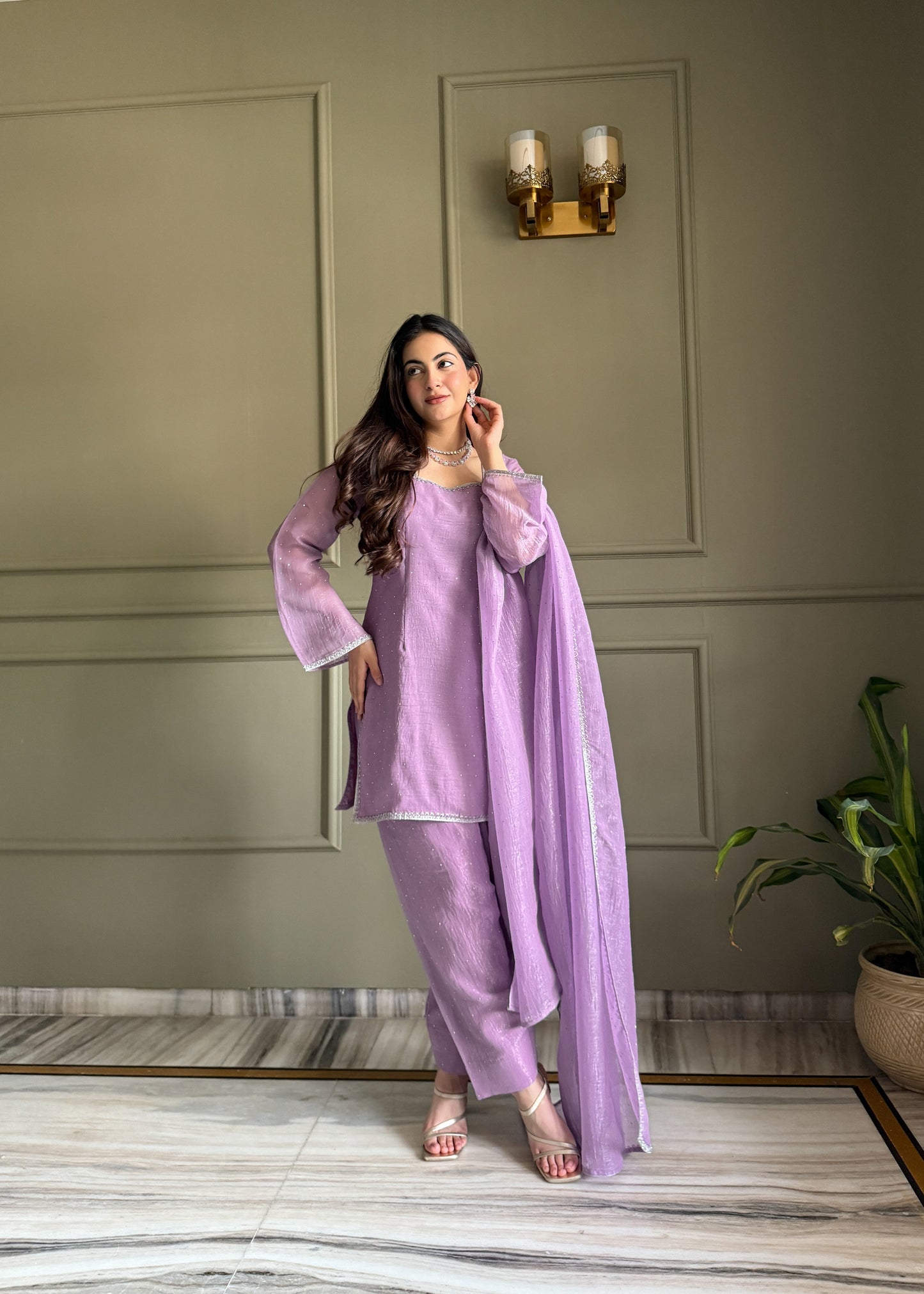 Elegance Lavender Crunchy Silk With Swaroski Work Kurta Pant Suits -Fully Stiched