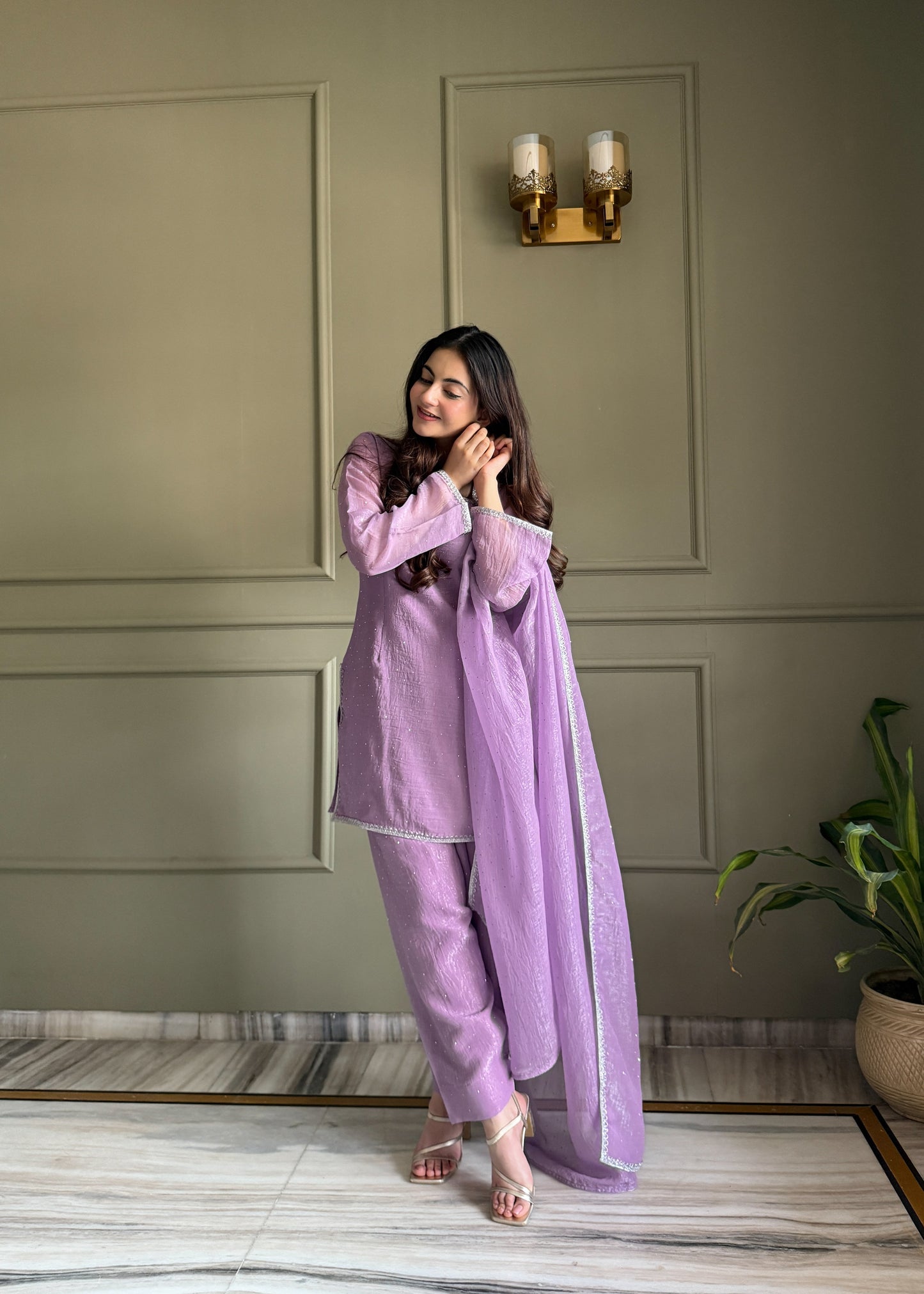 Elegance Lavender Crunchy Silk With Swaroski Work Kurta Pant Suits -Fully Stiched