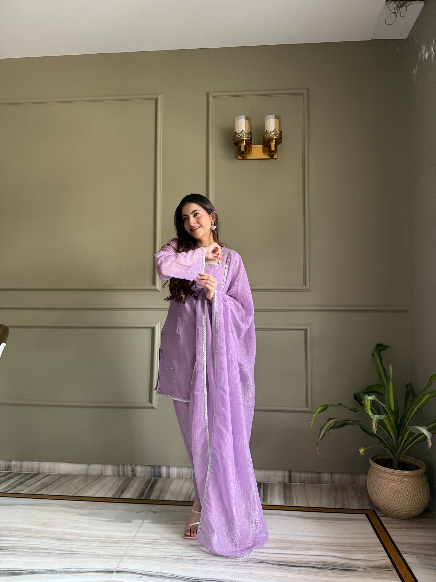 Elegance Lavender Crunchy Silk With Swaroski Work Kurta Pant Suits -Fully Stiched