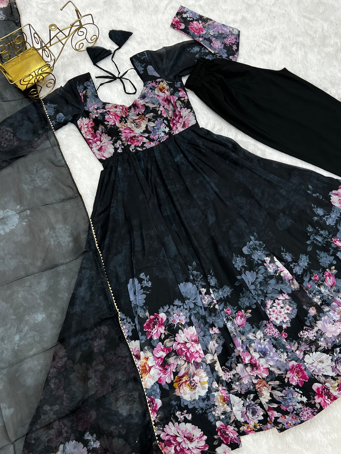 Lovely Organza Silk Floral Digital Printed Anarkali Pant Suit - INDIAN ELEGANCE