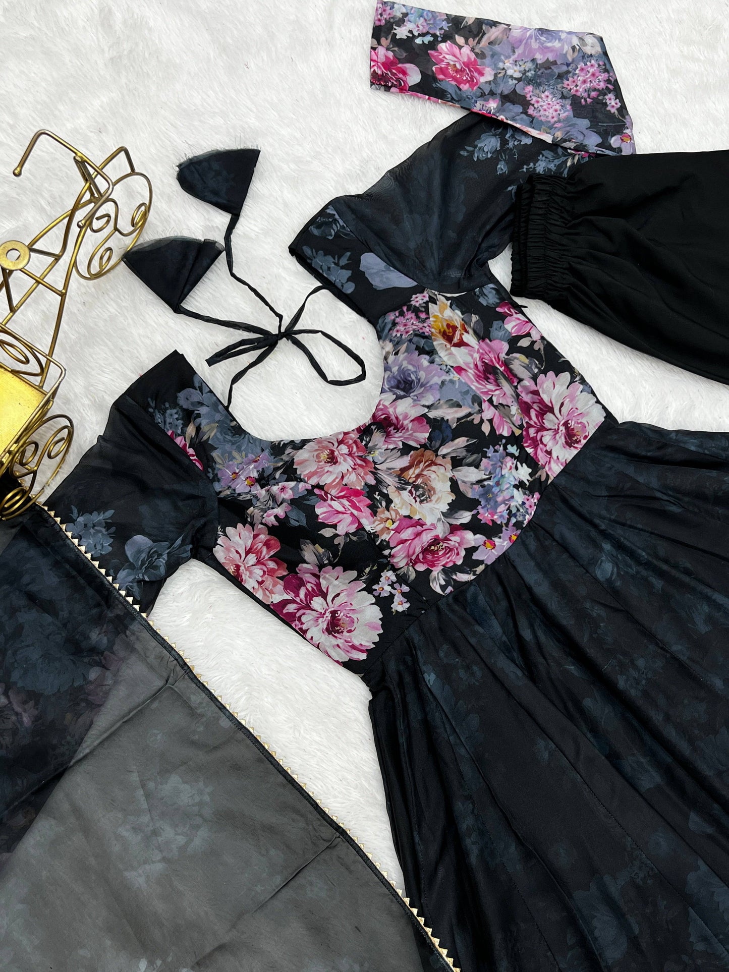 Lovely Organza Silk Floral Digital Printed Anarkali Pant Suit - INDIAN ELEGANCE