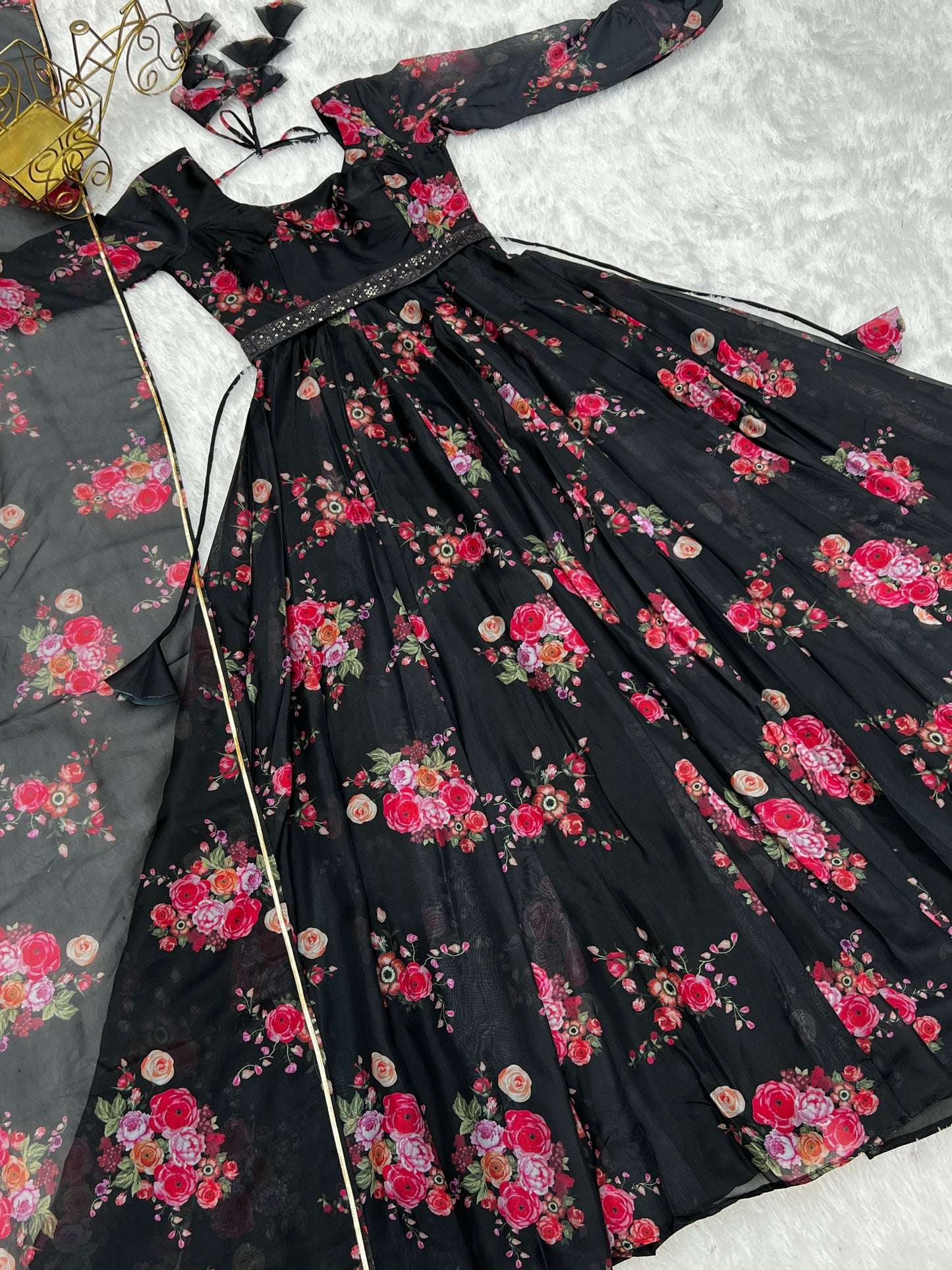 Glamorous Organza Silk Floral Printed Designer Anarkali Pant Suit - INDIAN ELEGANCE